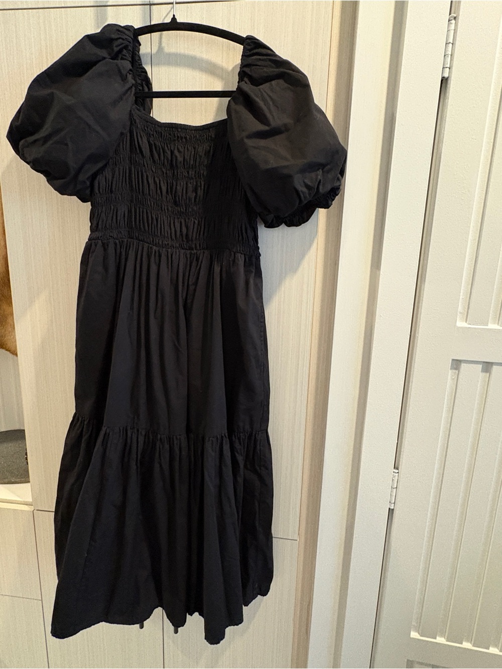 Black Puff Sleeve Smocked Midi Dress